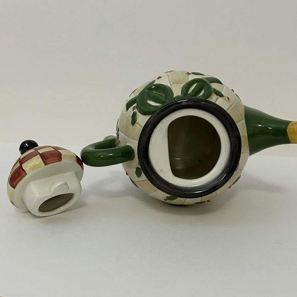 Debbie‎ Mumm Sakura Mini Teapot Christmas Holly Checkerboard Hand Painted